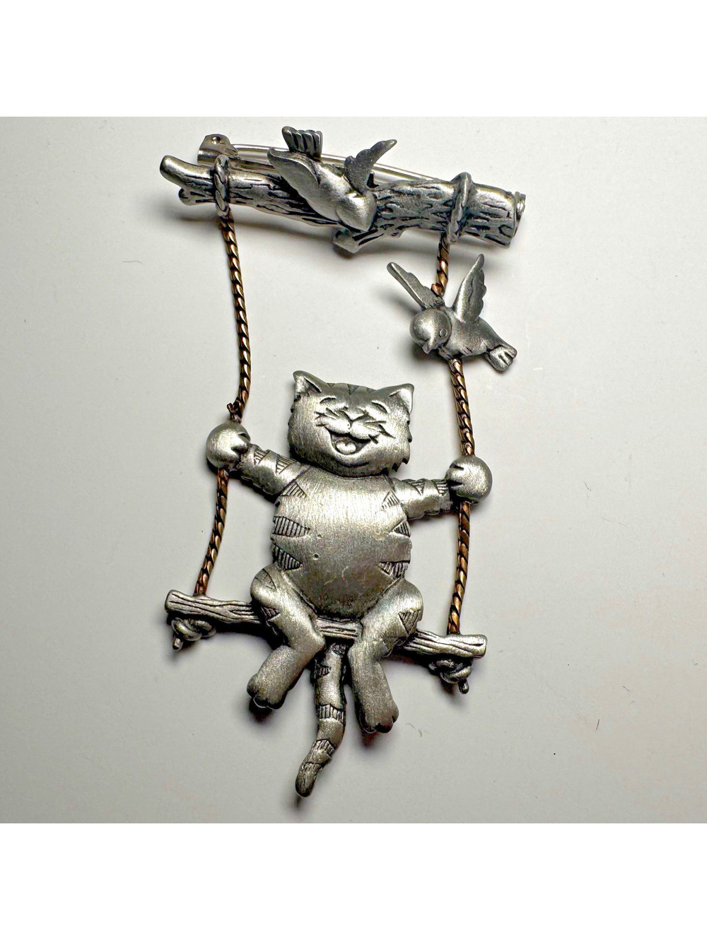 Vintage JJ Jonette Cat Swing Brooch Pewter Bird Dangle Vintage Signed Pin